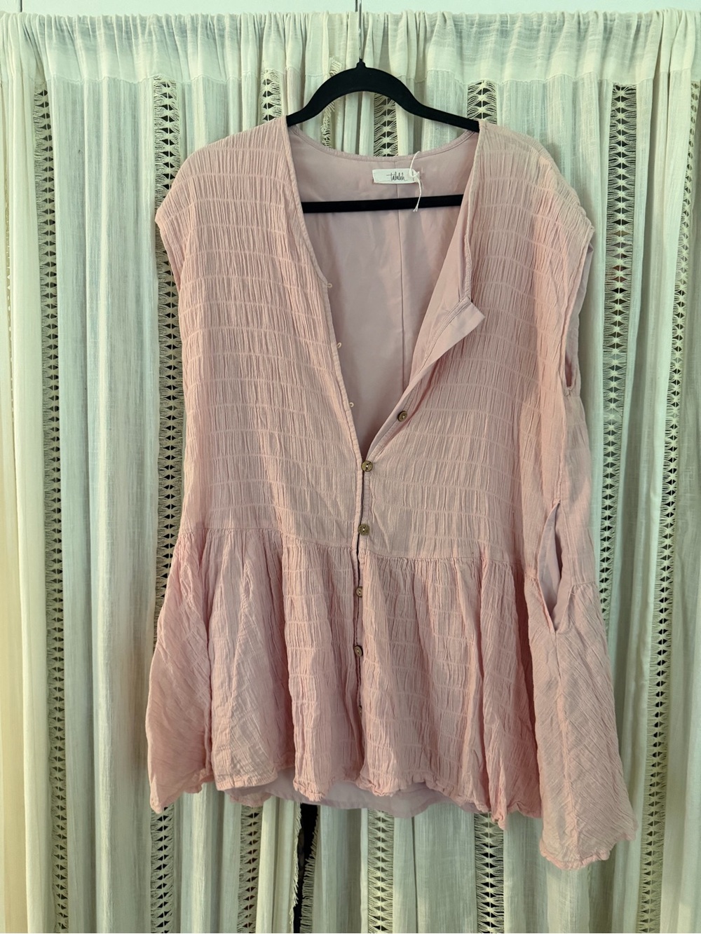 Light Pink Textured Button-Front Peplum short dress